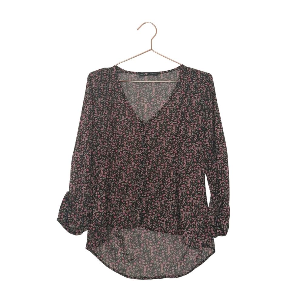 Love Squared Black and Pink Floral semi sheer Blouse